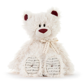 A cream plush bear with dark red corduroy nose and ears. His paws have "forever and always" in script and he has a cream fabric bow around his neck.