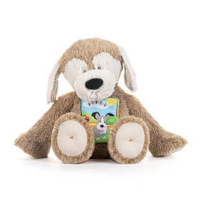 A brown and cream plush dog with a fabric storybook attached to its chest titled "BINGO".