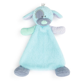 A light blue blankie with the head and ears of a puppy and knit dark gray feet.