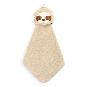 A light brown terrycloth washcloth with the face and dark brown eyes of a sloth.