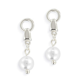 A pair of silver drop earrings with a white bead at the end.