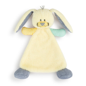 A light yellow blankie with the head and long floppy ears of a bunny and knit dark gray feet.