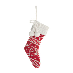 A small red and white knit stocking hanging ornament.