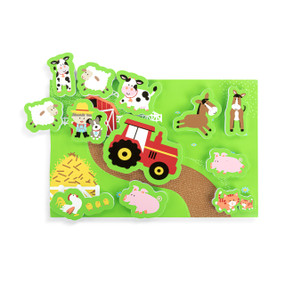 A two sided bath playmat in a barnyard friends theme. There are individual pieces of the farmer, a tractor and farm animals.