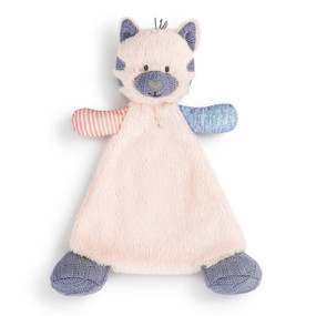 A cream blankie with the ears and face of a cat and knit dark gray feet.