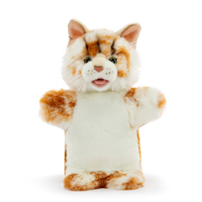 A plush hand puppet of an orange and cream Maine coon cat.