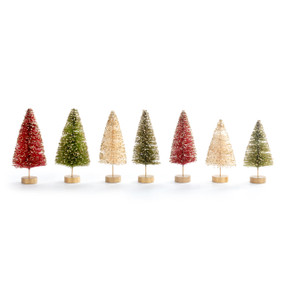 A set of seven mini bottle brush tress in red, green and white. They are slightly different in size.