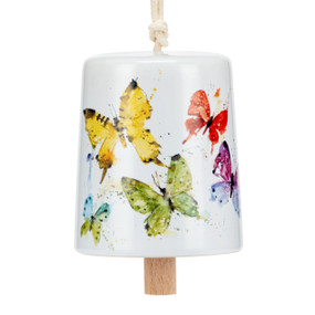 A white mini ceramic bell with a wood clapper. The bell has a watercolor image of colorful butterflies on it.