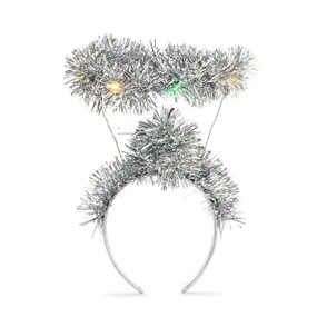 A holiday headband decorated with silver tinsel shaped like a halo and lit with colored lights.