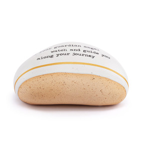 A cream and tan stoneware rock that says "May your guardian angel watch and guide you along your journey".