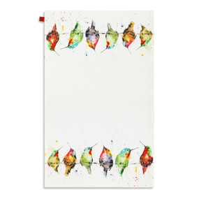 A white kitchen towel with watercolor images of hummingbirds on a wire, displayed laid out flat.