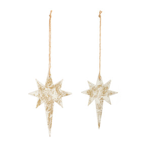 A set of two wood Star of Bethlehem ornaments painted slightly with white.