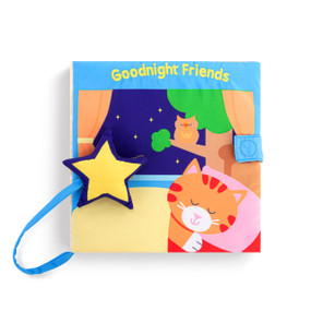 A fabric baby book with sounds called "Goodnight Friends" with a cat asleep on the front.