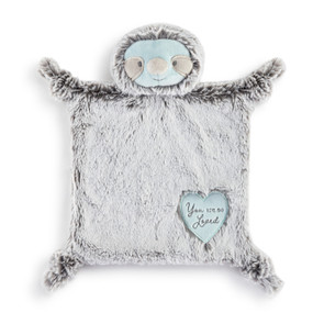 A gray plush blankie with a light blue and gray sloth face. The blankie has a heart shaped light blue fabric patch that reads "You are so Loved".