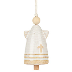 A small cream ceramic angel shaped bell with small wings, a wood bead for the head and a small cross at the bottom.