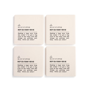 A set of four white ceramic coasters with the saying "RE: Out of Office Deep Sea Fishin' for Me" with a short write up about someone deep sea fishing.
