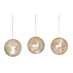 A set of three whitewashed wood ornaments each with a different reindeer image on the front.