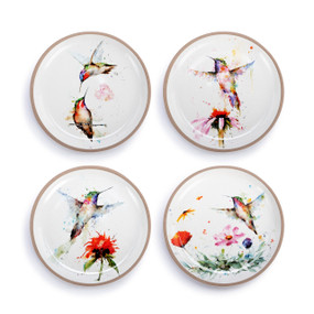 A set of four white ceramic appetizer plates. Each plate has a different watercolor hummingbird image and a tan textured edge.