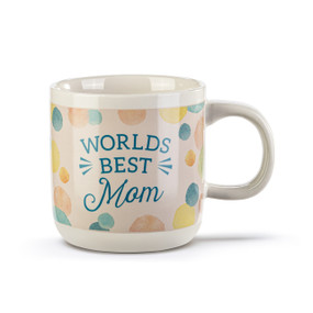 Front view showing the message on a ceramic mug that is black without liquid but will turn cream with pastel polka dots with hot liquid and says "Worlds Best Mom" on the side.
