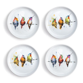 A set of 4 white ceramic appetizer plates with two different watercolor images of hummingbirds on them.