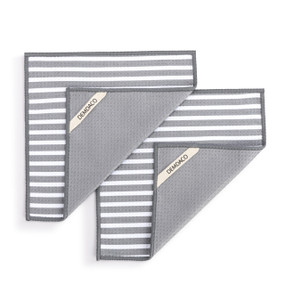 Two square gray and white double sided cloths, displayed with the front striped side showing and the edge turned over to show the fabric loop on the back.