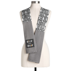 A white and gray grilling utensil fabric boa with gray towel ends. One end says "Grillin' and Chillin''", displayed on a mannequin.