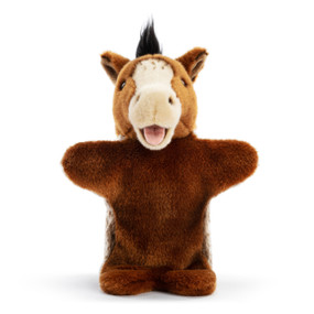 A plush hand puppet of a gray and brown horse with a tan nose.