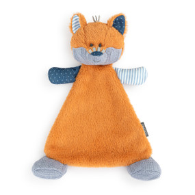 An orange blankie with the head and ears of a fox and knit dark gray feet.