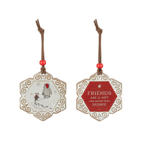 Two ornaments with one meant to share. One has an image of Pooh and Piglet and the other says "Friends are a gift even sweeter than hunny".