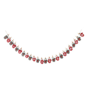 A hanging garland of red and green patterned mittens each with a number counting down the days to Christmas.