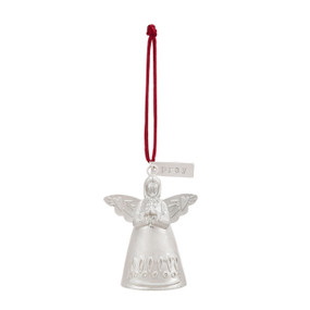 A mini white bell ornament shaped like an angel with hands folded in prayer. There is a tag at the top with the word "Pray".