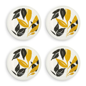 A set of four white melamine appetizer plates with a yellow and dark gray leaf pattern.