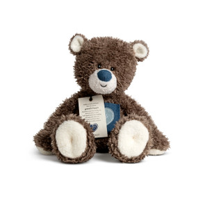 A brown plush bear with a blue heart on his tummy and a fabric tag attached about a grateful heart.