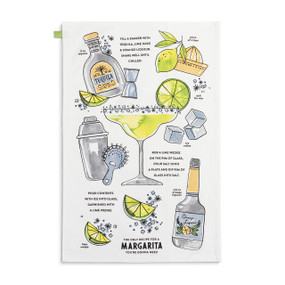 A white fabric towel with colorful illustrations and instructions for "The Best Margarita Recipe".