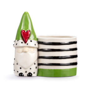 A mini white ceramic planter with a green and white gnome figure attached to the side. The planter has black stripes and a wide green stripe at the bottom.