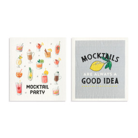 Two biodegradable dish cloths, one is gray with the saying "Mocktails are always a good idea" and the other has illustrations of different mocktails.