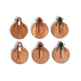 A set of six round wood serving boards with wood spreaders. Each board has a different holiday greeting.