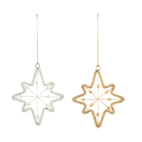 Two beaded star ornaments one each in gold and silver.