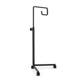 A black metal stand for holding an ornament or bell.