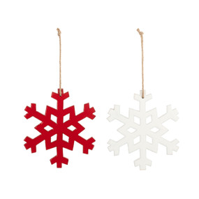 Two large hanging ornaments shaped like snowflakes, one is red and the other white.