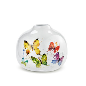 A white ceramic bud vase with a watercolor image of colorful butterflies in flight.