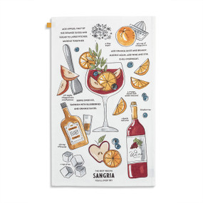 A white fabric towel with colorful illustrations and instructions for "The Best Sangria Recipe".