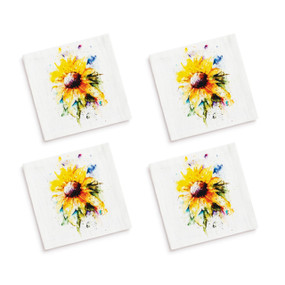 A set of four white cocktail napkins with a watercolor image of a yellow sunflower.