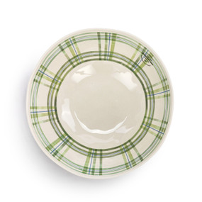 Top down view of a large white plastic bowl with a green plaid pattern around the inner rim.