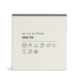 A white square wall art with the saying "RE: Out of Office Hang Ten" with a set of emoji images related to the ocean.