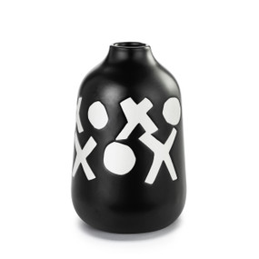 A black ceramic bud vase with bold white X's and O's around the outside.