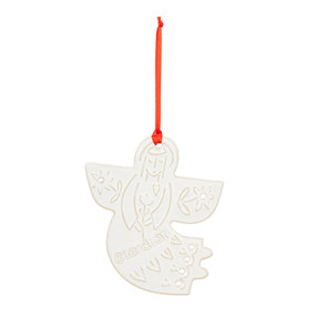A white mini angel ornament hanging from a red ribbon. The ornament has the saying "guardian" with decorative holes and images on the ceramic.