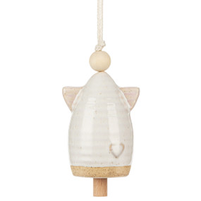 A small cream ceramic angel shaped bell with small wings, a wood bead for the head and a small heart at the bottom.