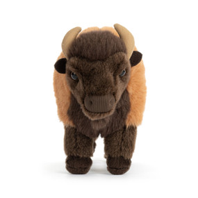 A dark brown and tan plush bison with tan horns.