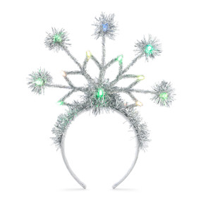 A headband decorated with silver tinsel in a snowflake pattern with colored lights.